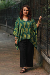 Taarini | Modal Silk Kaftan Top | Green Booti Ajrakh