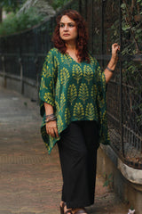 Taarini | Modal Silk Kaftan Top | Green Booti Ajrakh