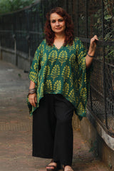 Taarini | Modal Silk Kaftan Top | Green Booti Ajrakh