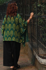 Taarini | Modal Silk Kaftan Top | Green Booti Ajrakh