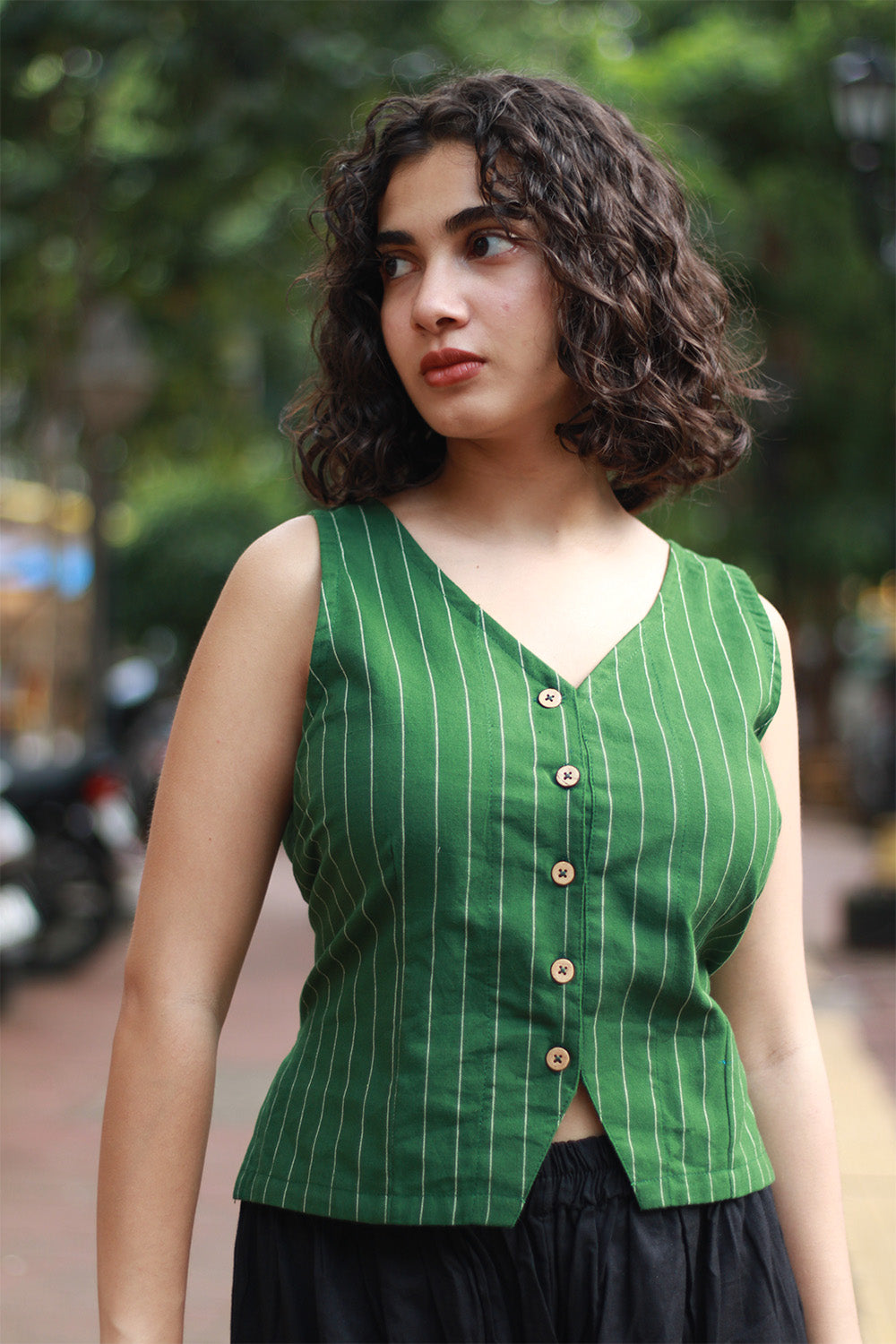 Front Buttoned Vest | Green Stripes
