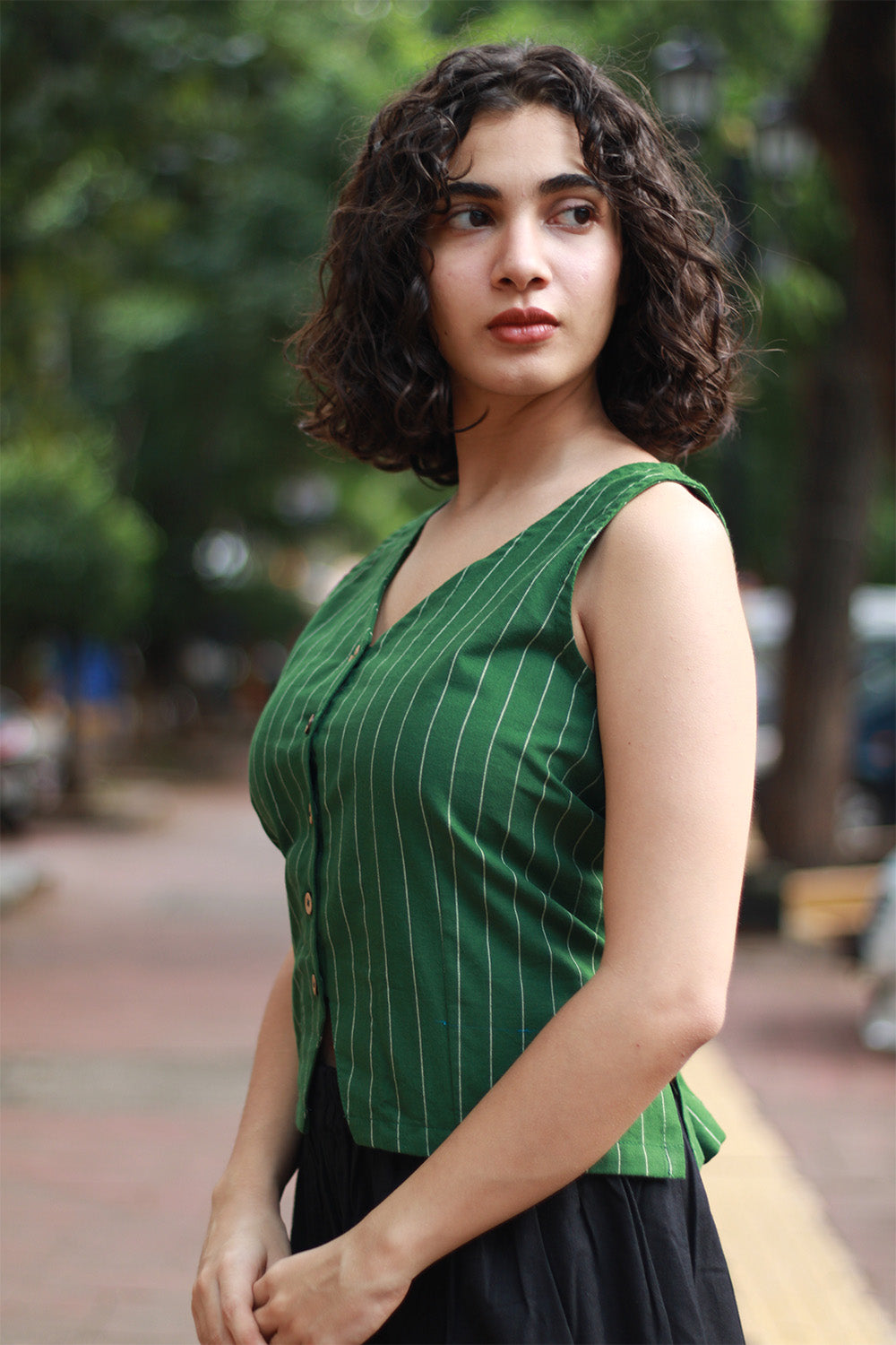Front Buttoned Vest | Green Stripes