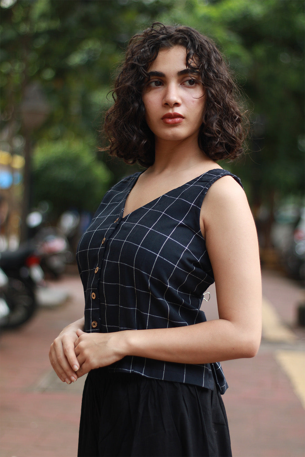 Front Buttoned Vest | Ink Blue Grid