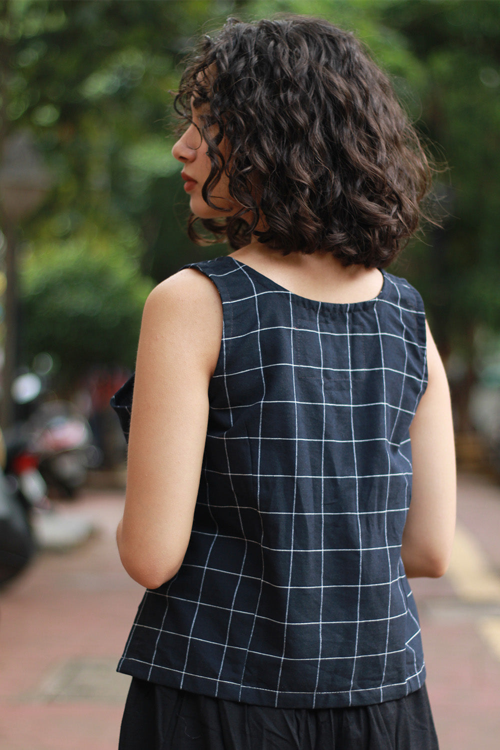 Front Buttoned Vest | Ink Blue Grid