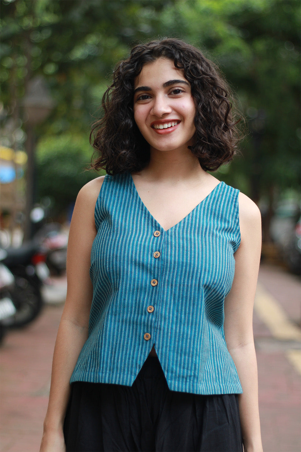 Front Buttoned Vest | Blue Stripes