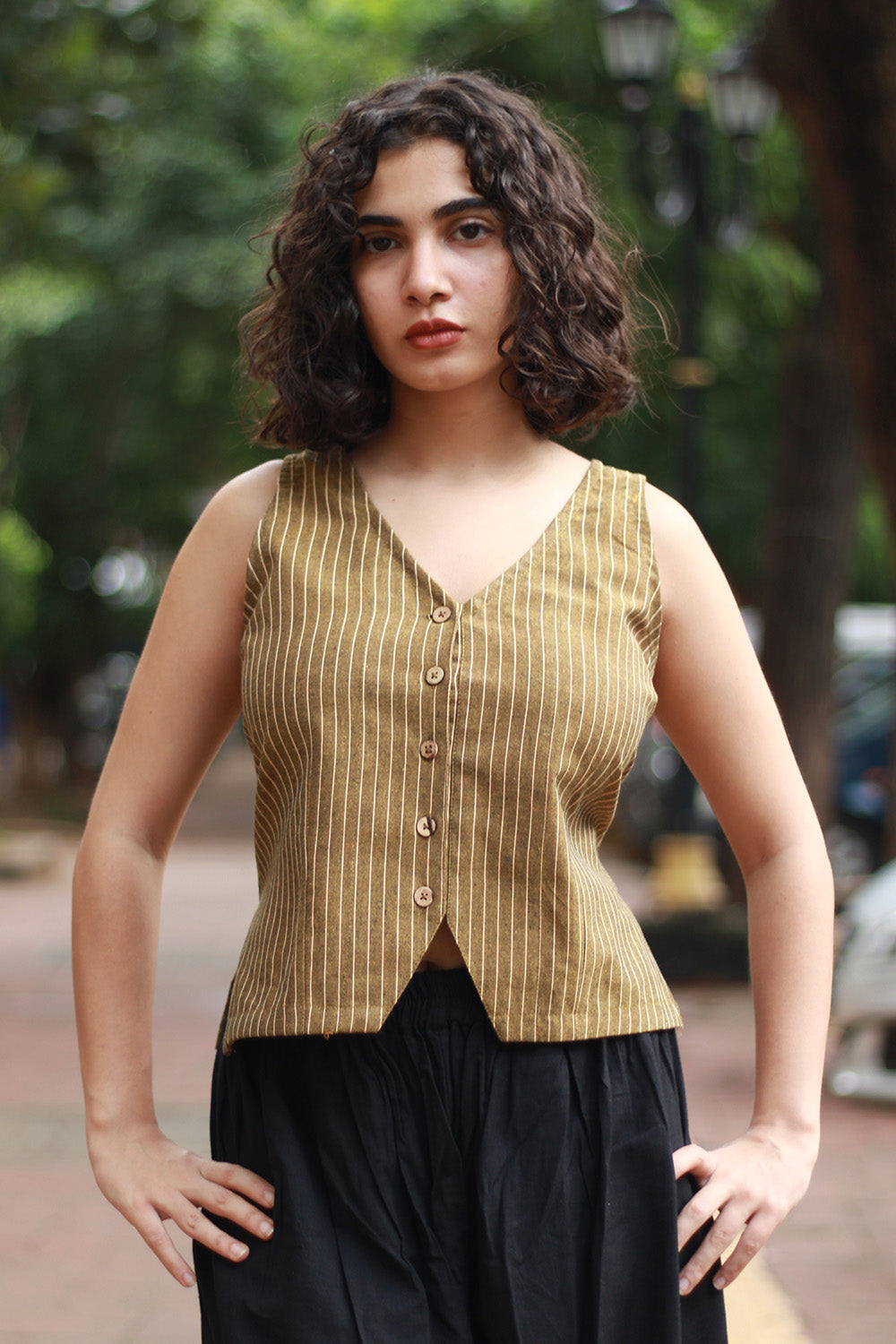 Front Buttoned Vest | Mustard Stripes