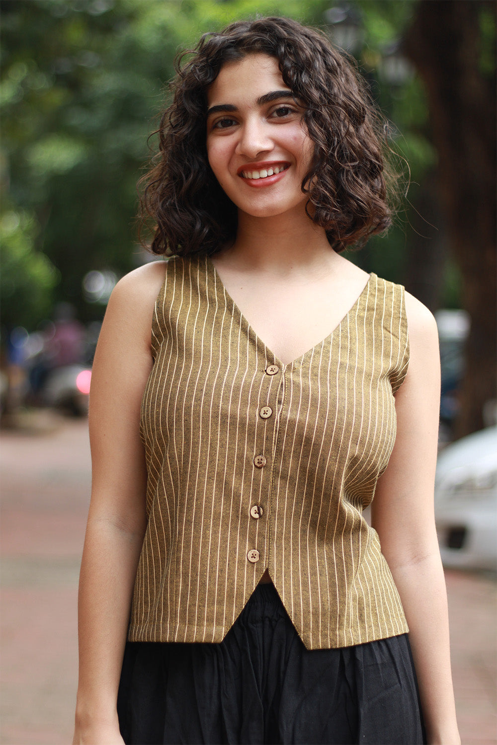 Front Buttoned Vest | Mustard Stripes