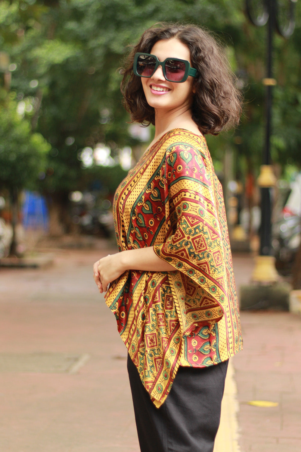 Taarini Mini | Modal Silk Kaftan Top | Yellow Geometric Ajrakh