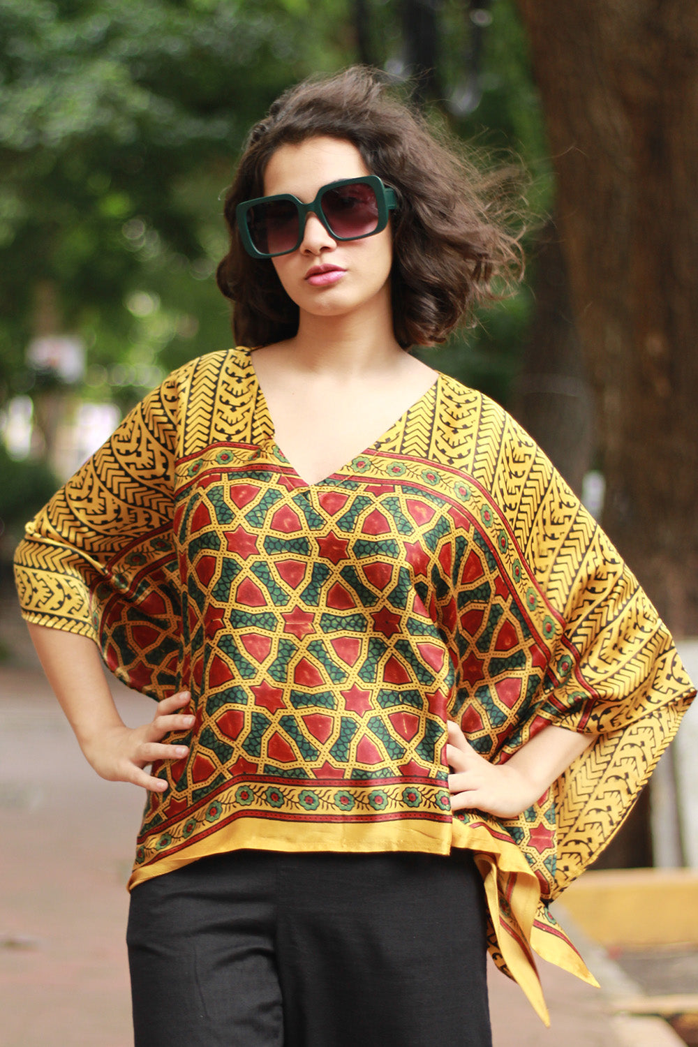Taarini Mini | Modal Silk Kaftan Top | Yellow Geometric Ajrakh