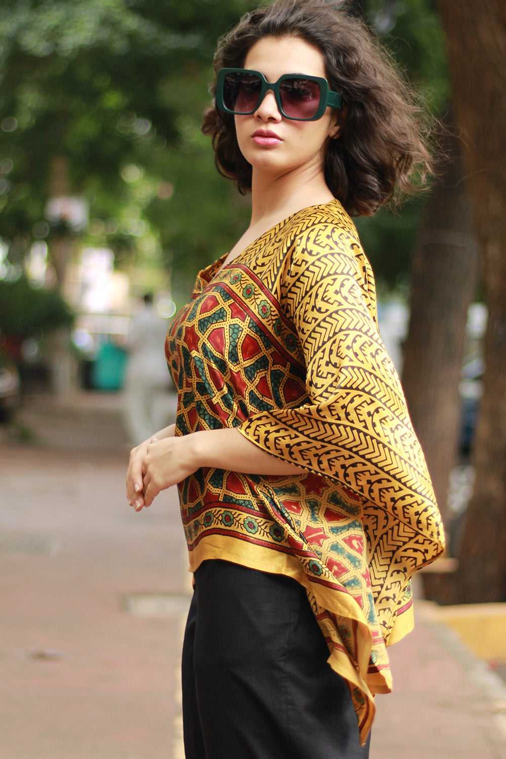 Taarini Mini | Modal Silk Kaftan Top | Yellow Geometric Ajrakh