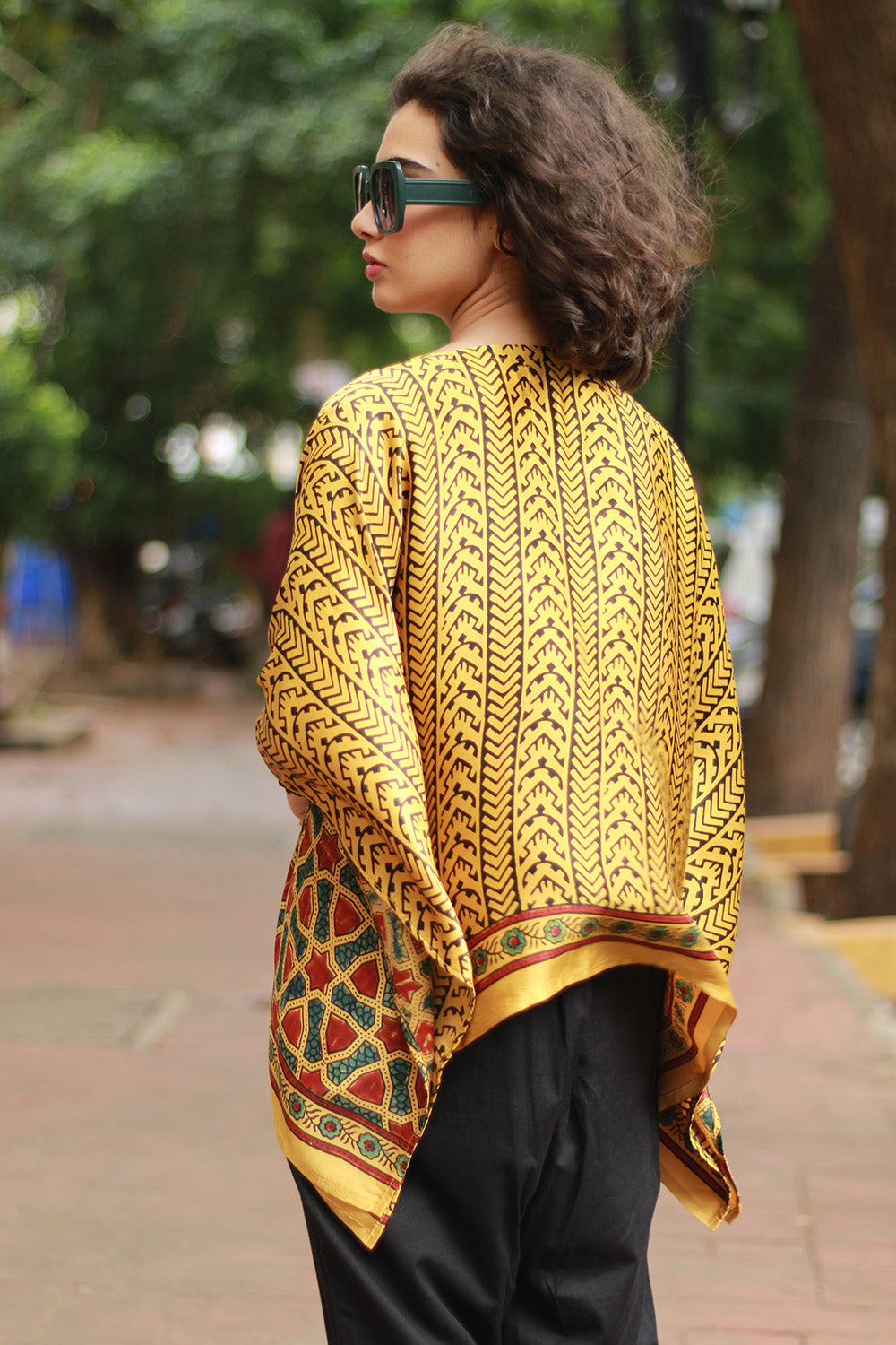Taarini Mini | Modal Silk Kaftan Top | Yellow Geometric Ajrakh
