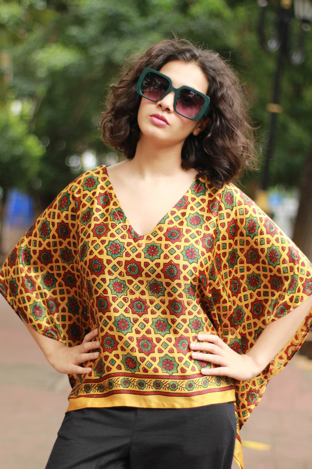Taarini Mini | Modal Silk Kaftan Top | Yellow Geometric Ajrakh
