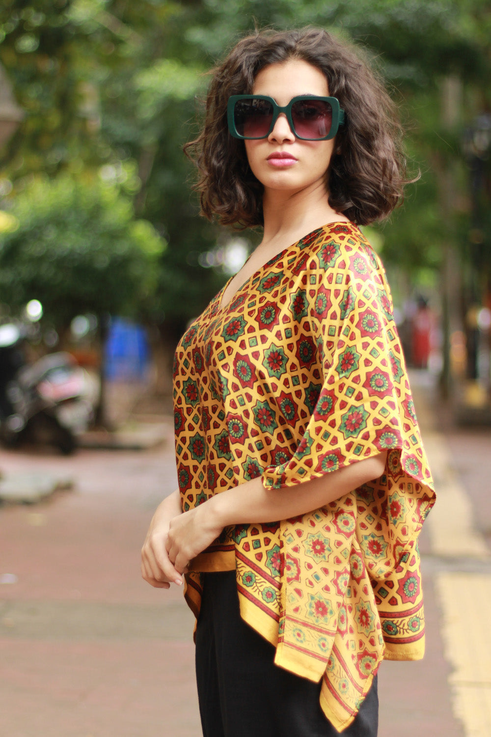 Taarini Mini | Modal Silk Kaftan Top | Yellow Geometric Ajrakh