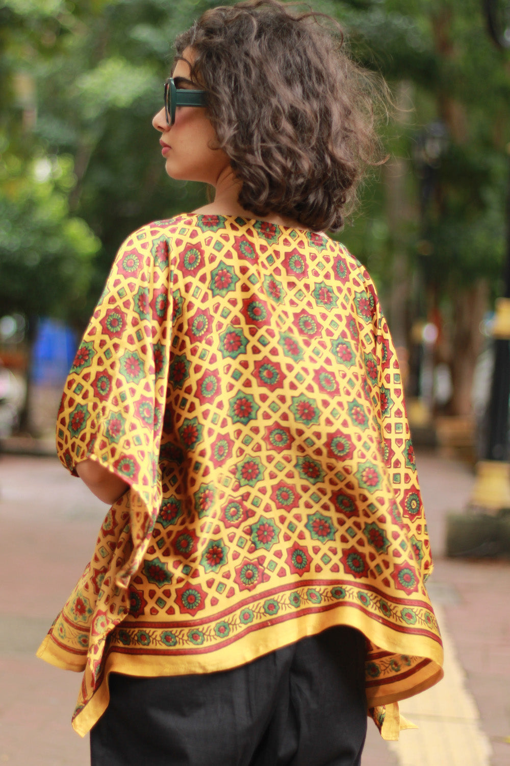 Taarini Mini | Modal Silk Kaftan Top | Yellow Geometric Ajrakh