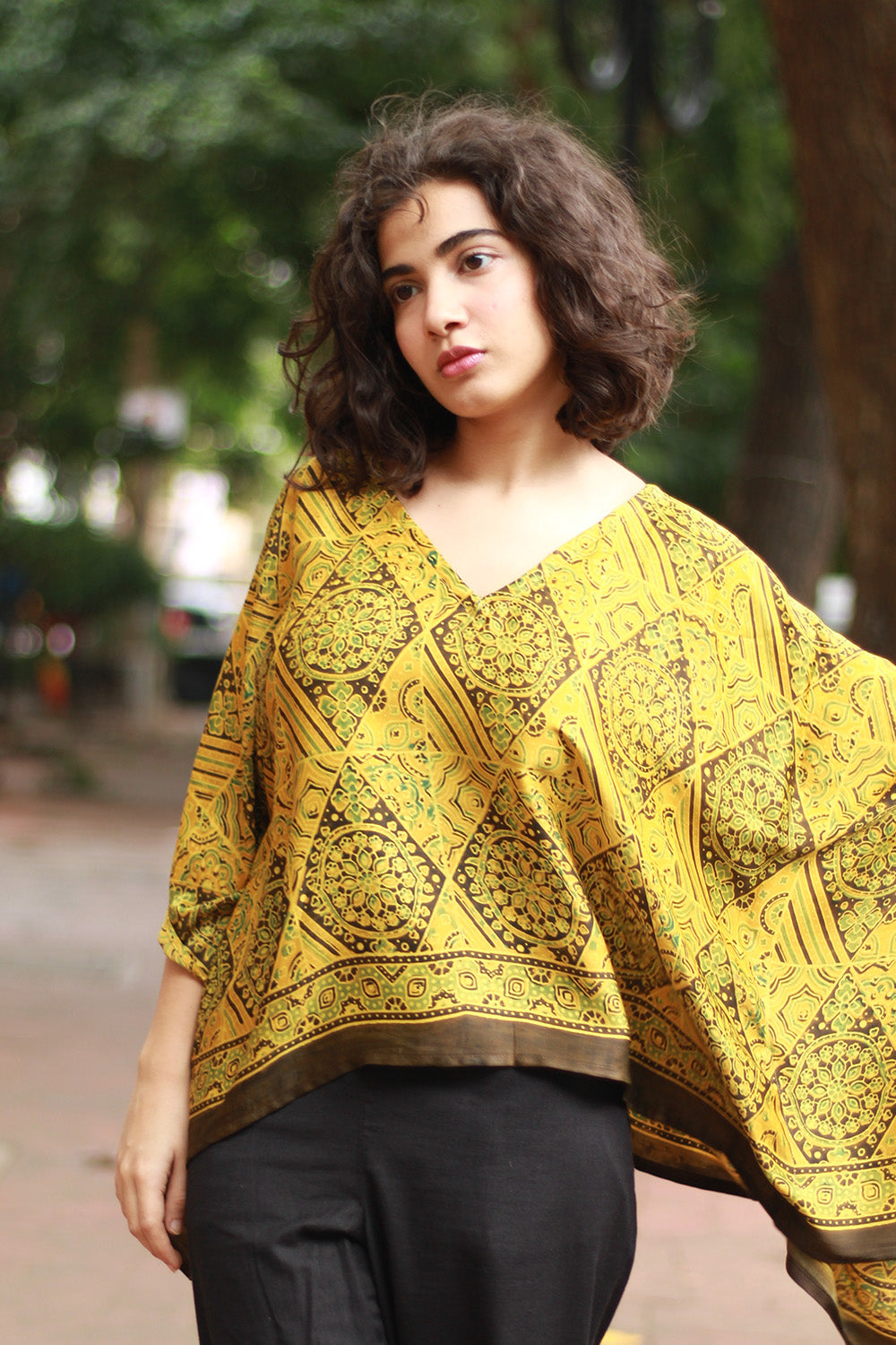 Taarini Mini | Modal Silk Kaftan Top | Yellow Geometric Ajrakh