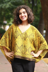 Taarini Mini | Modal Silk Kaftan Top | Yellow Geometric Ajrakh