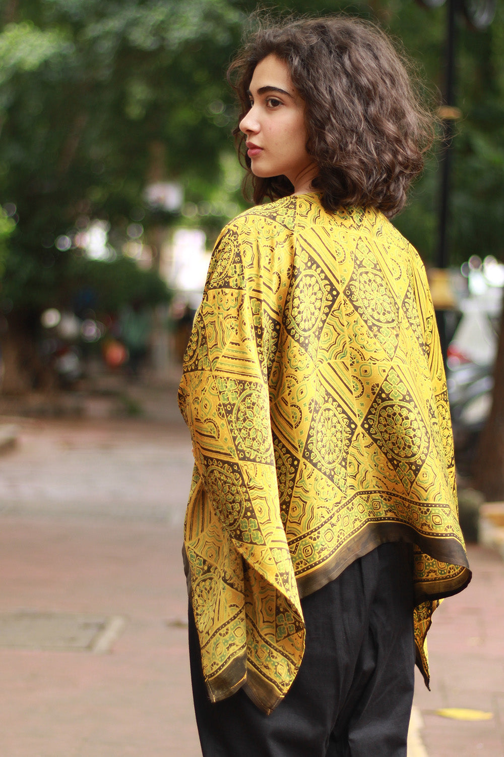 Taarini Mini | Modal Silk Kaftan Top | Yellow Geometric Ajrakh