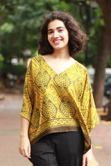 Taarini Mini | Modal Silk Kaftan Top | Yellow Geometric Ajrakh