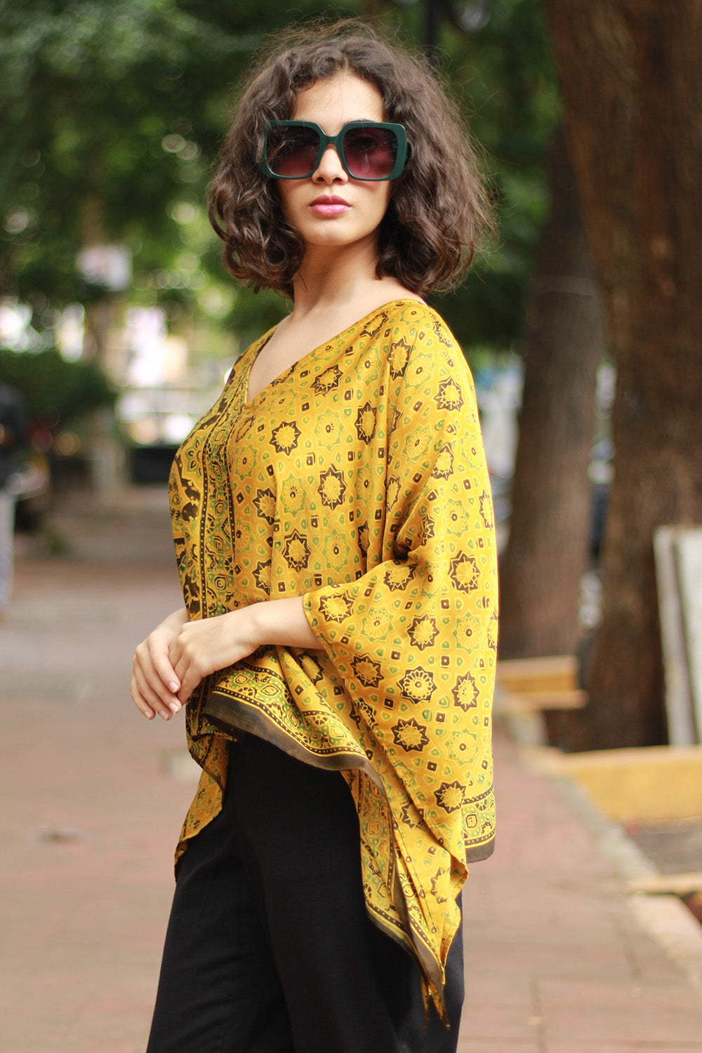 Taarini Mini | Modal Silk Kaftan Top | Yellow Geometric Ajrakh