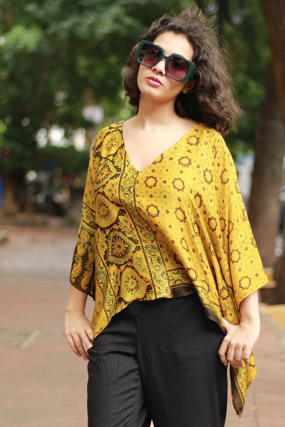 Taarini Mini | Modal Silk Kaftan Top | Yellow Geometric Ajrakh
