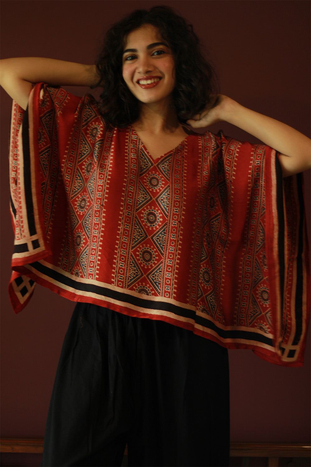 Taarini Mini | Modal Silk Kaftan Top | Madder Floral Ajrakh