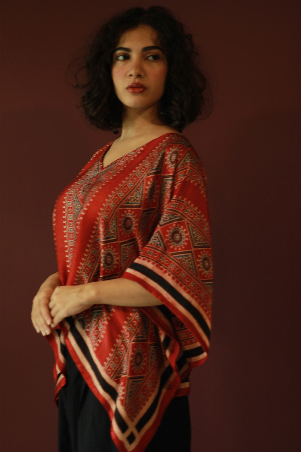 Taarini Mini | Modal Silk Kaftan Top | Madder Floral Ajrakh