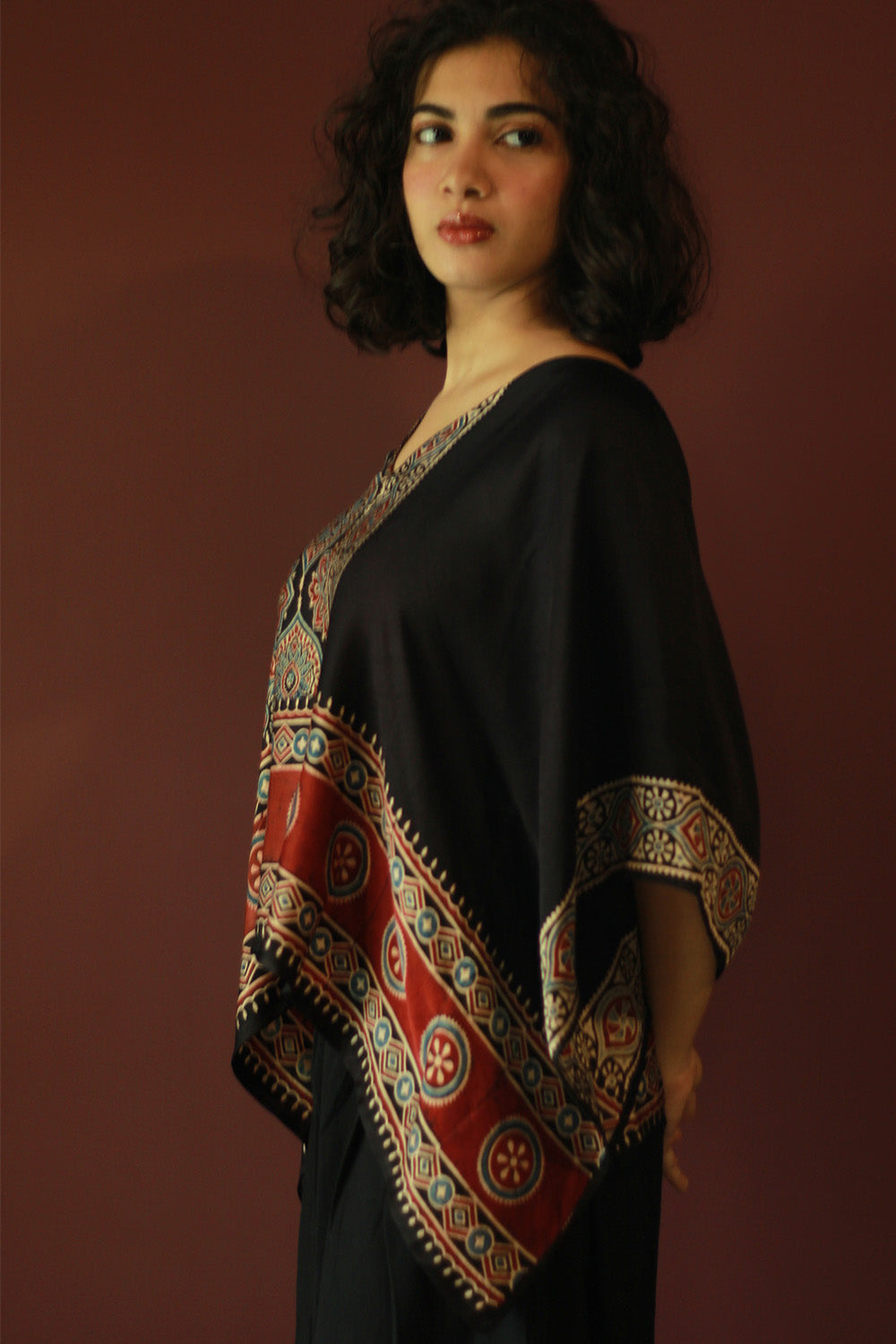 Taarini Mini | Modal Silk Kaftan Top | Noir Ajrakh