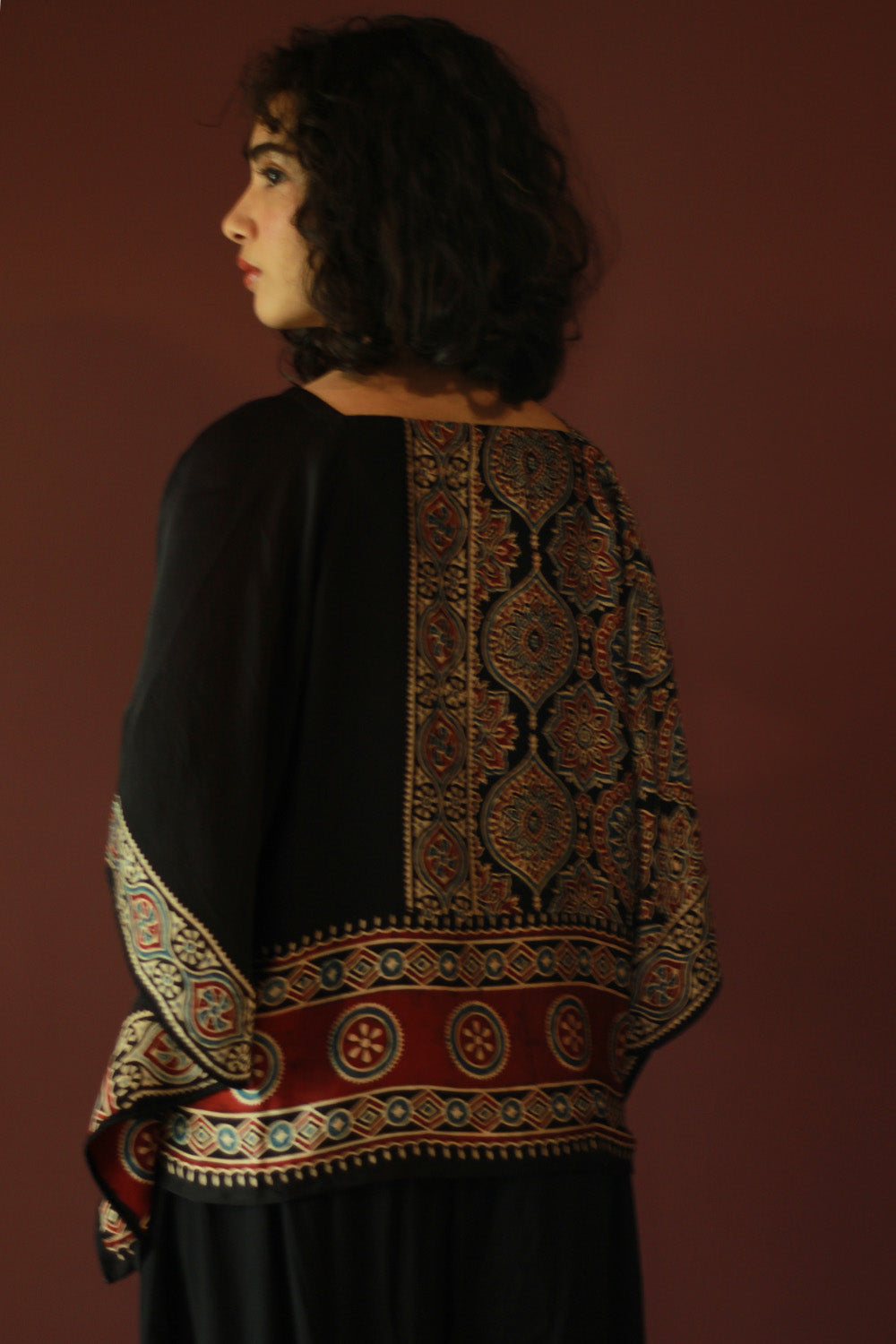 Taarini Mini | Modal Silk Kaftan Top | Noir Ajrakh