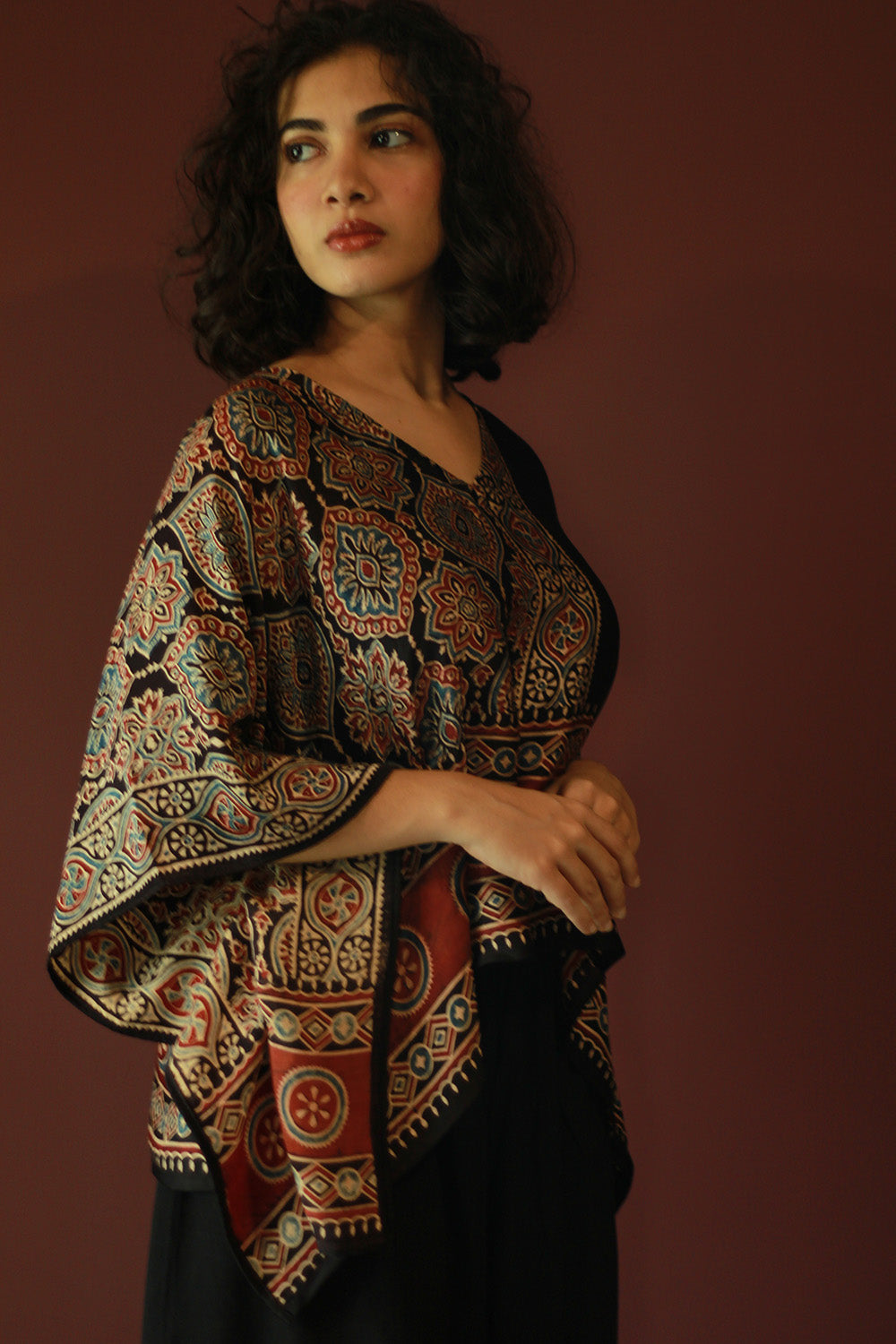 Taarini Mini | Modal Silk Kaftan Top | Noir Ajrakh