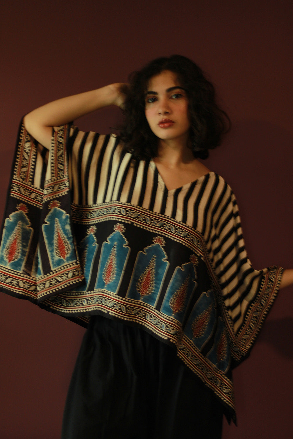 Taarini Mini | Modal Silk Kaftan Top | Noir Jharokha Ajrakh