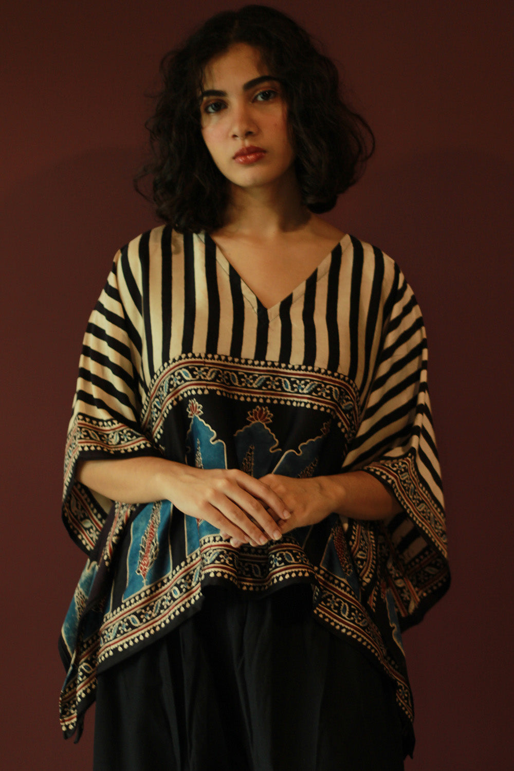 Taarini Mini | Modal Silk Kaftan Top | Noir Jharokha Ajrakh