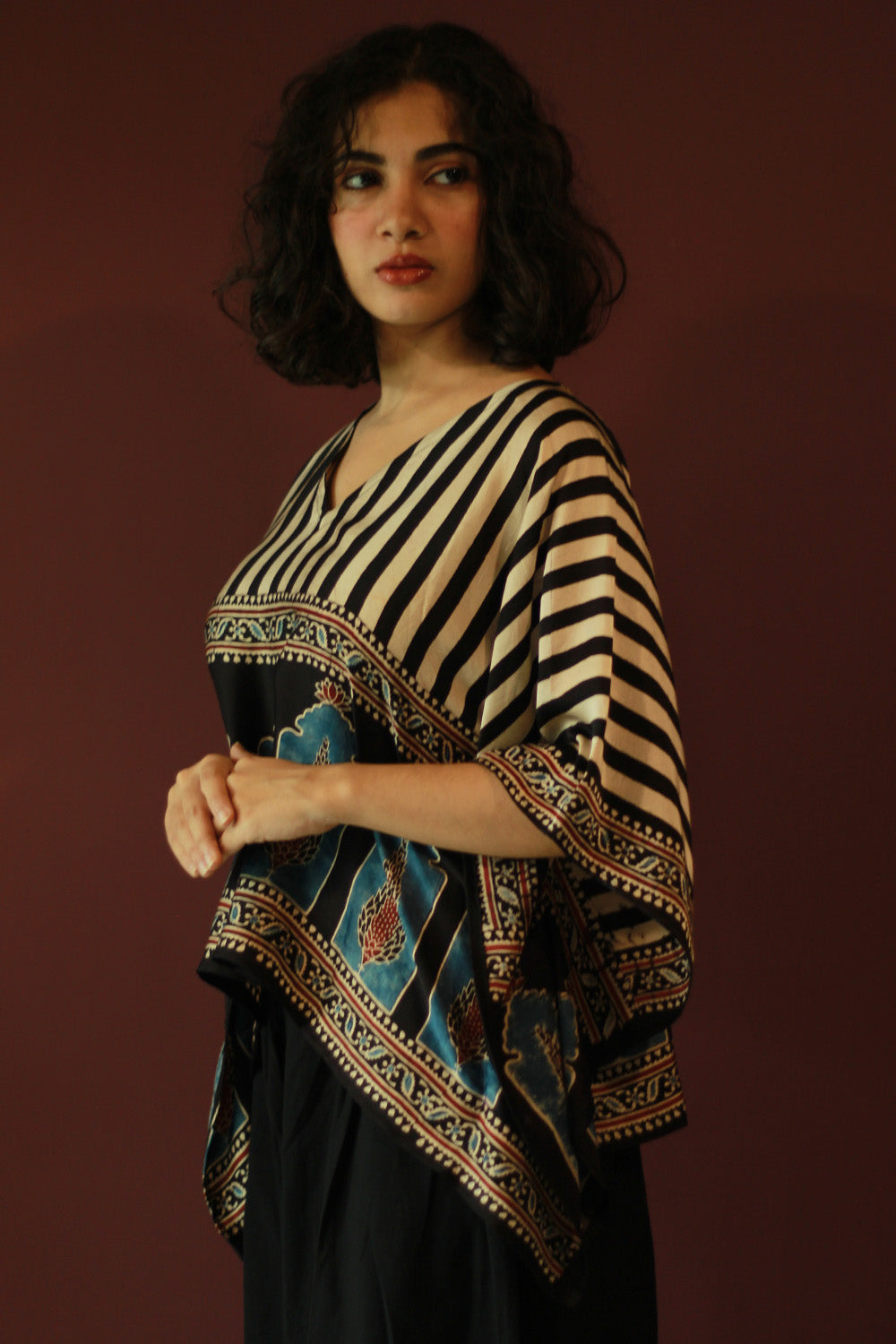 Taarini Mini | Modal Silk Kaftan Top | Noir Jharokha Ajrakh