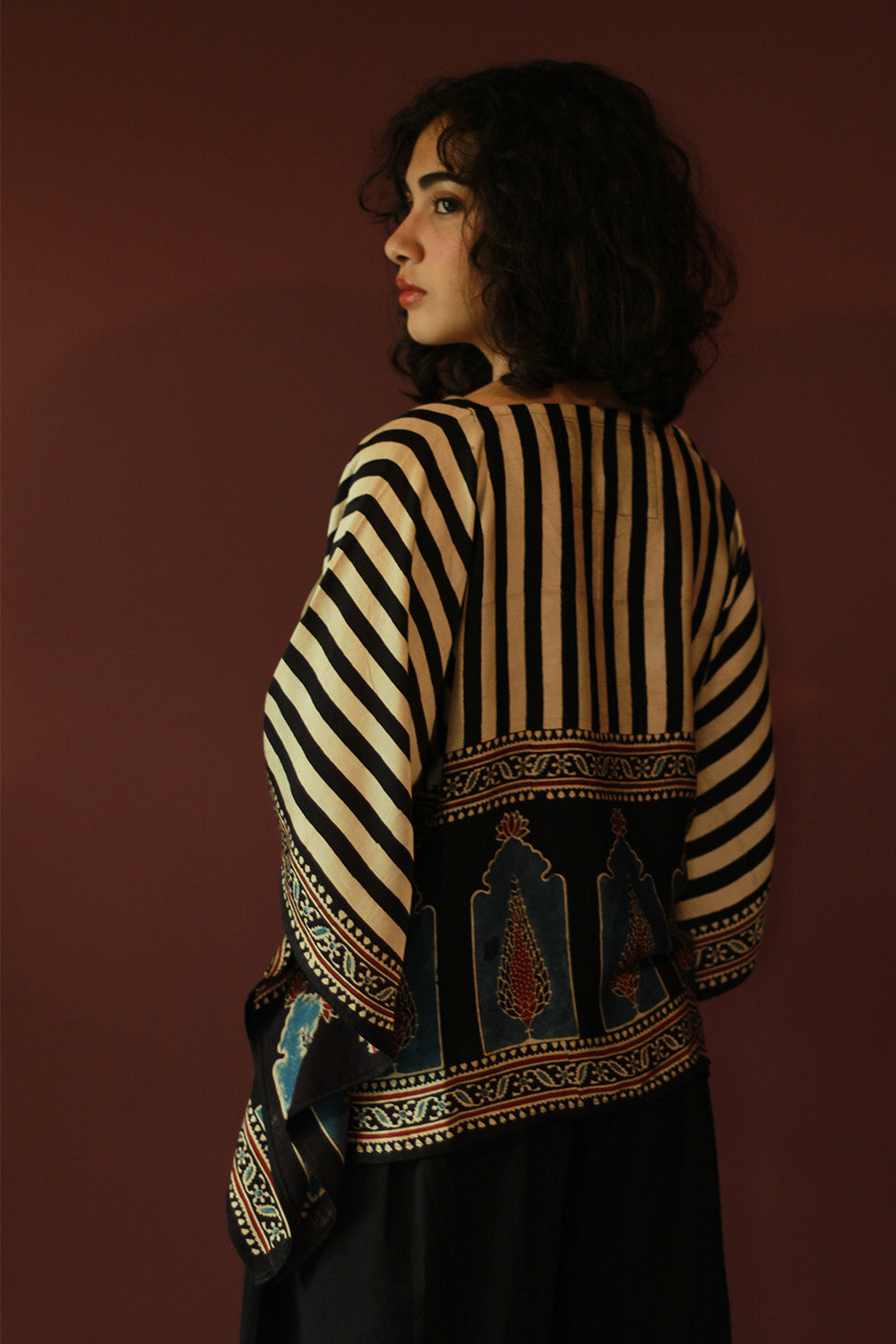 Taarini Mini | Modal Silk Kaftan Top | Noir Jharokha Ajrakh