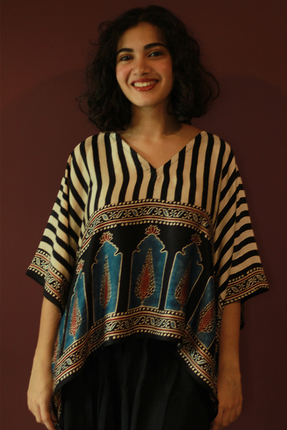 Taarini Mini | Modal Silk Kaftan Top | Noir Jharokha Ajrakh