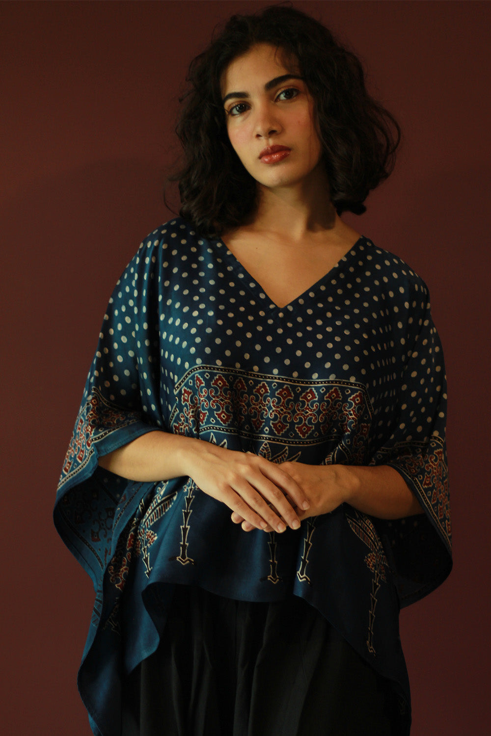 Taarini Mini | Modal Silk Kaftan Top | Blue Polka Ajrakh