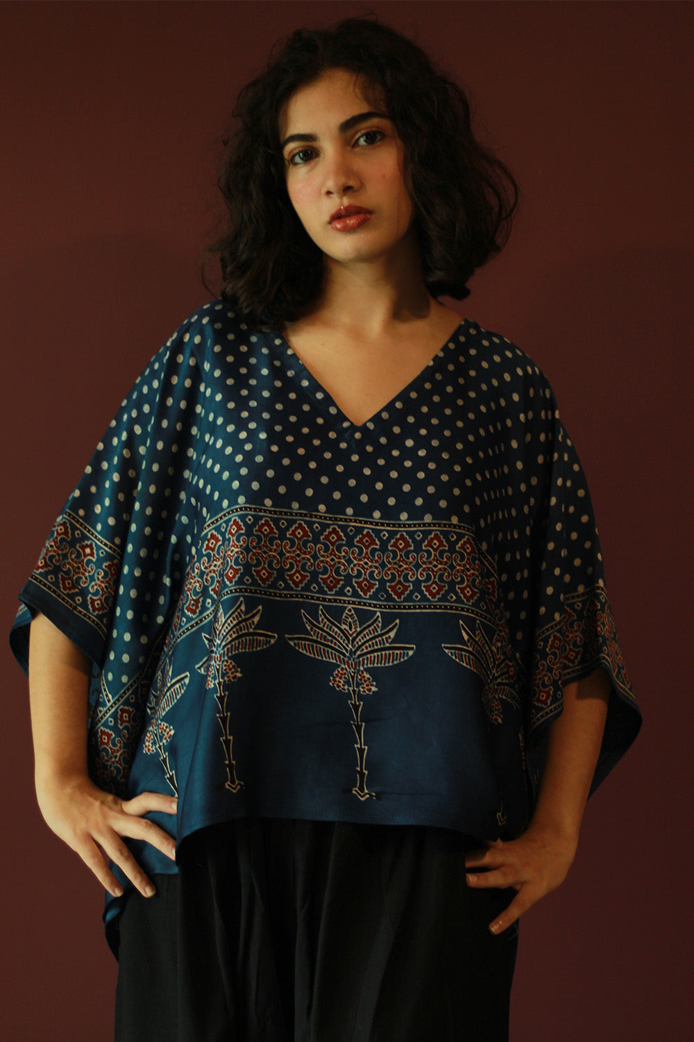 Taarini Mini | Modal Silk Kaftan Top | Blue Polka Ajrakh