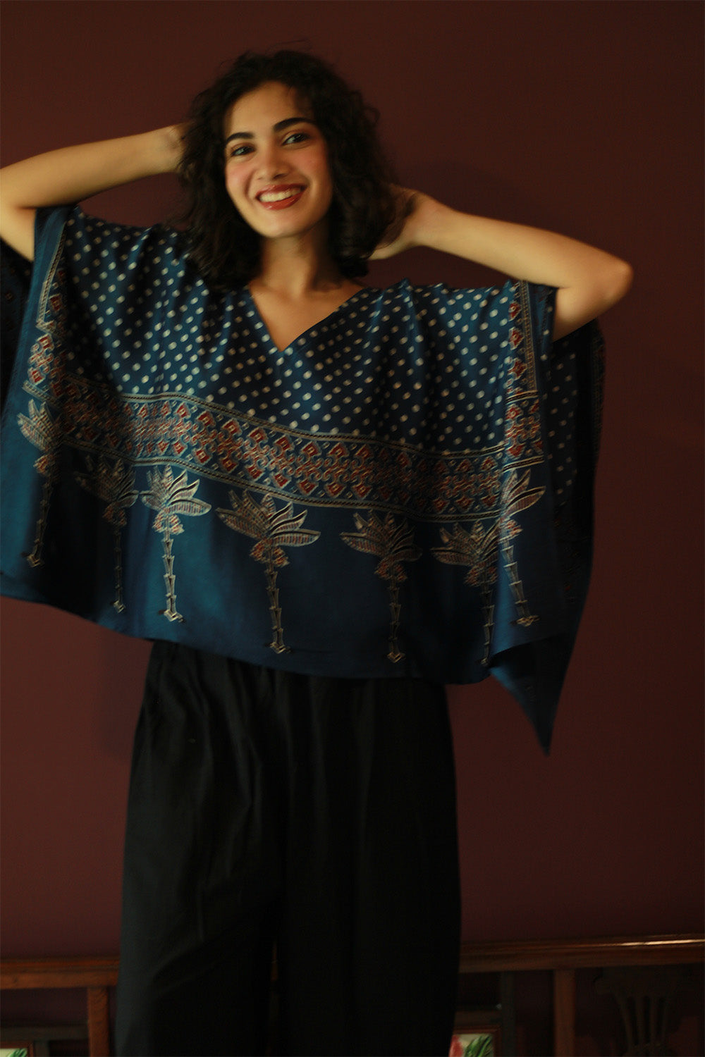 Taarini Mini | Modal Silk Kaftan Top | Blue Polka Ajrakh