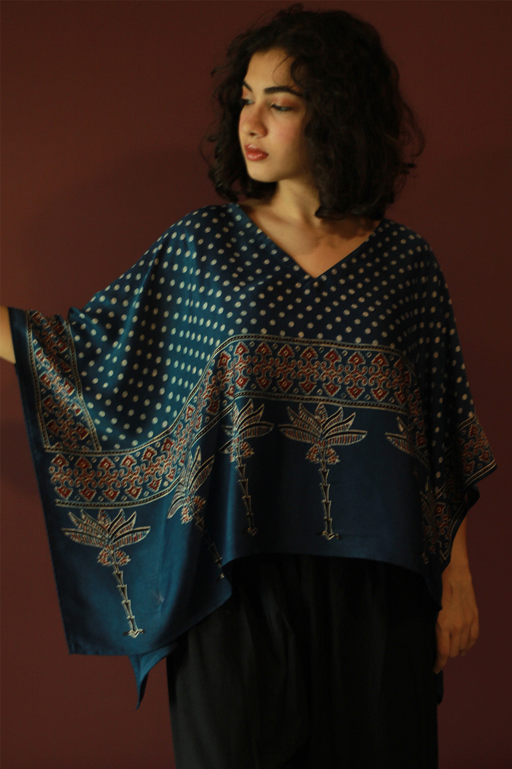 Taarini Mini | Modal Silk Kaftan Top | Blue Polka Ajrakh