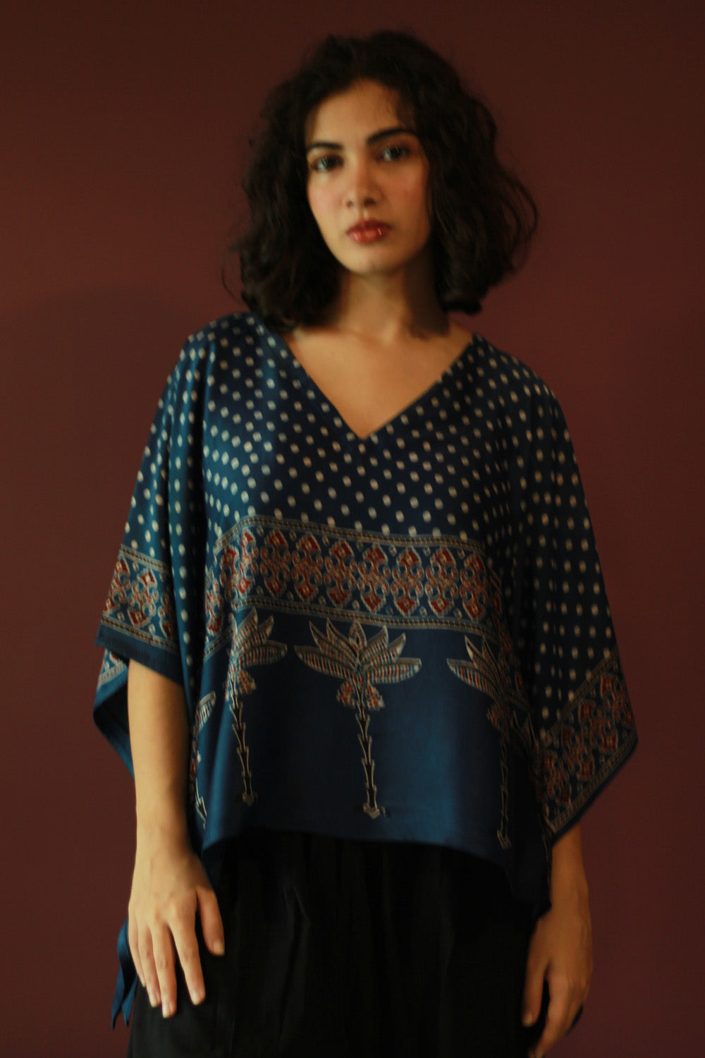 Taarini Mini | Modal Silk Kaftan Top | Blue Polka Ajrakh