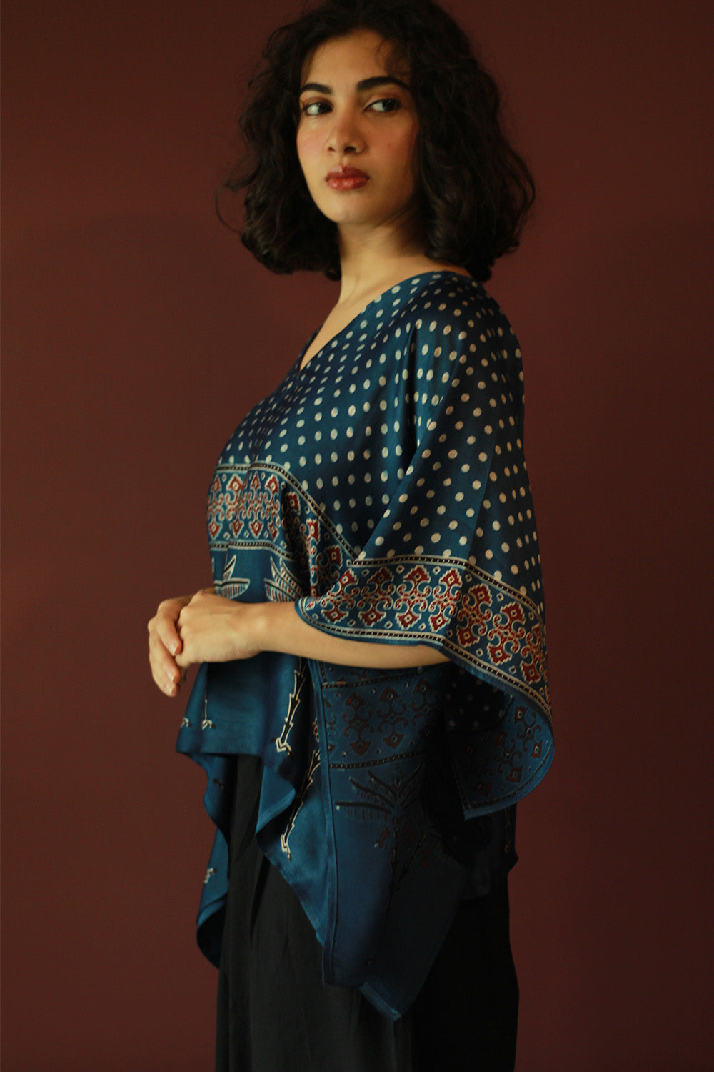 Taarini Mini | Modal Silk Kaftan Top | Blue Polka Ajrakh