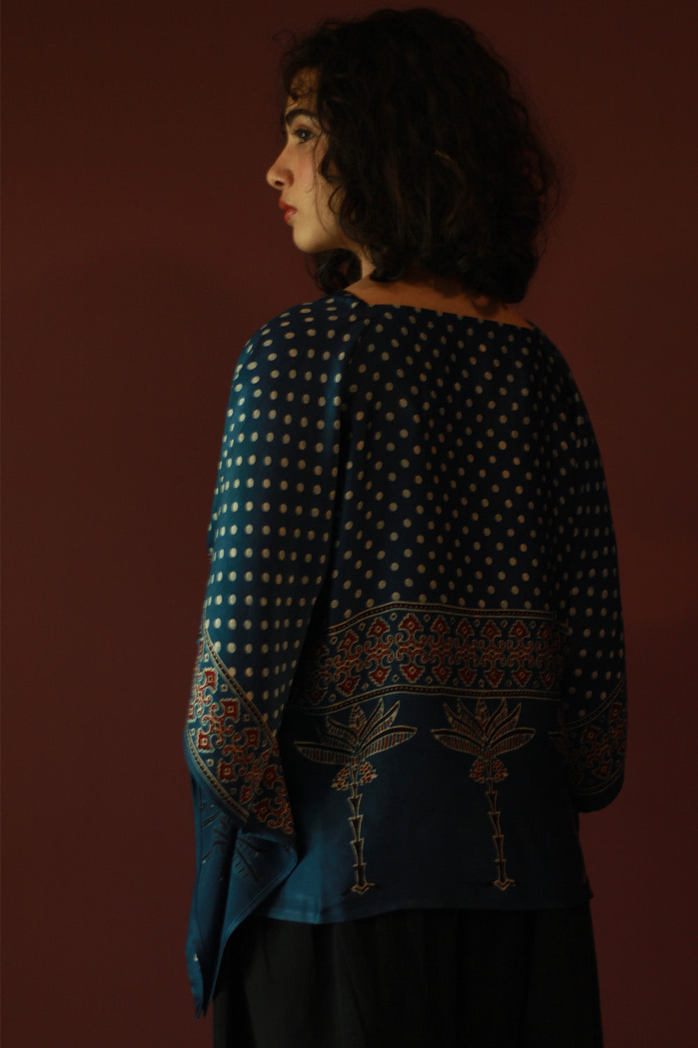 Taarini Mini | Modal Silk Kaftan Top | Blue Polka Ajrakh