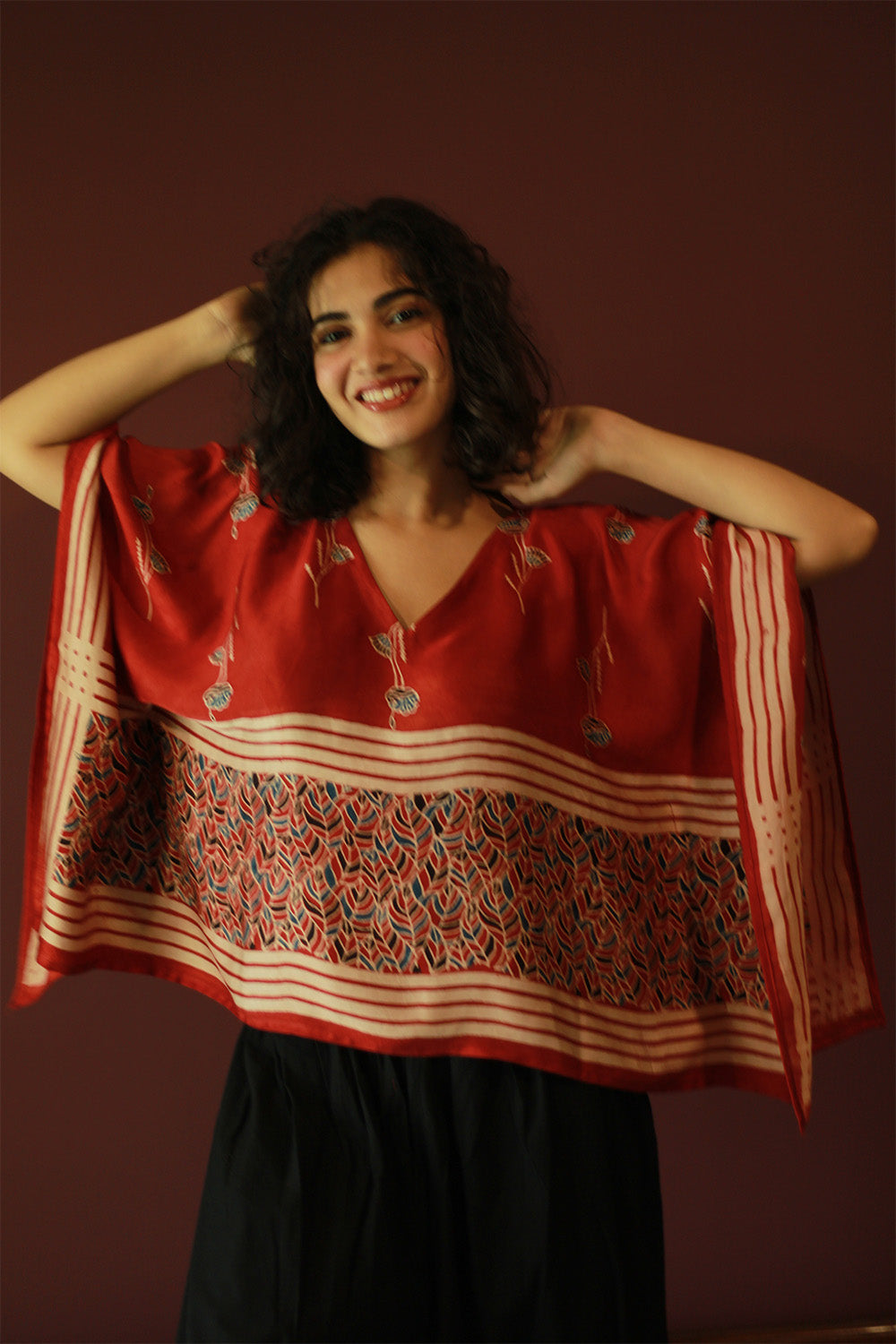 Taarini Mini | Modal Silk Kaftan Top | Madder Leaves Ajrakh