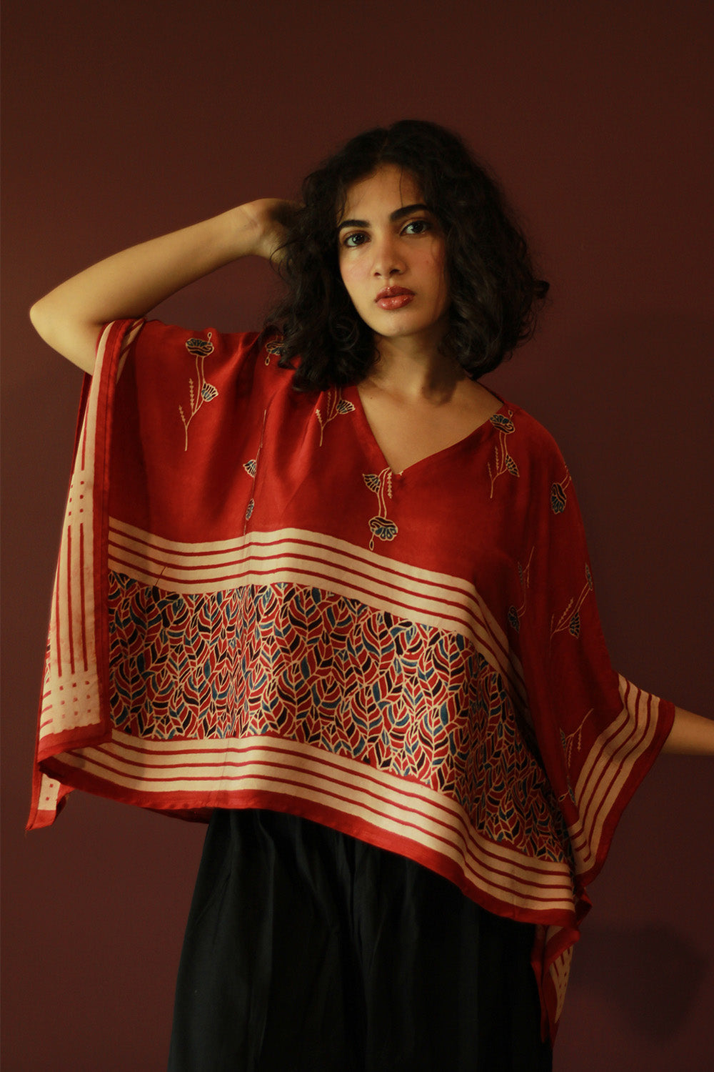Taarini Mini | Modal Silk Kaftan Top | Madder Leaves Ajrakh