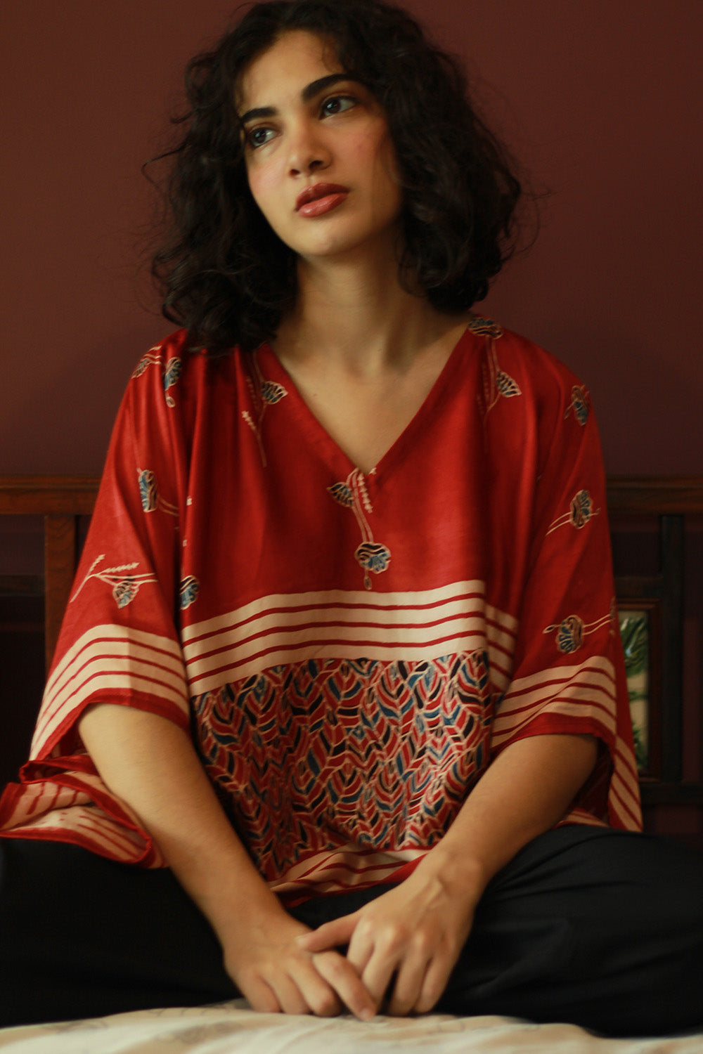 Taarini Mini | Modal Silk Kaftan Top | Madder Leaves Ajrakh