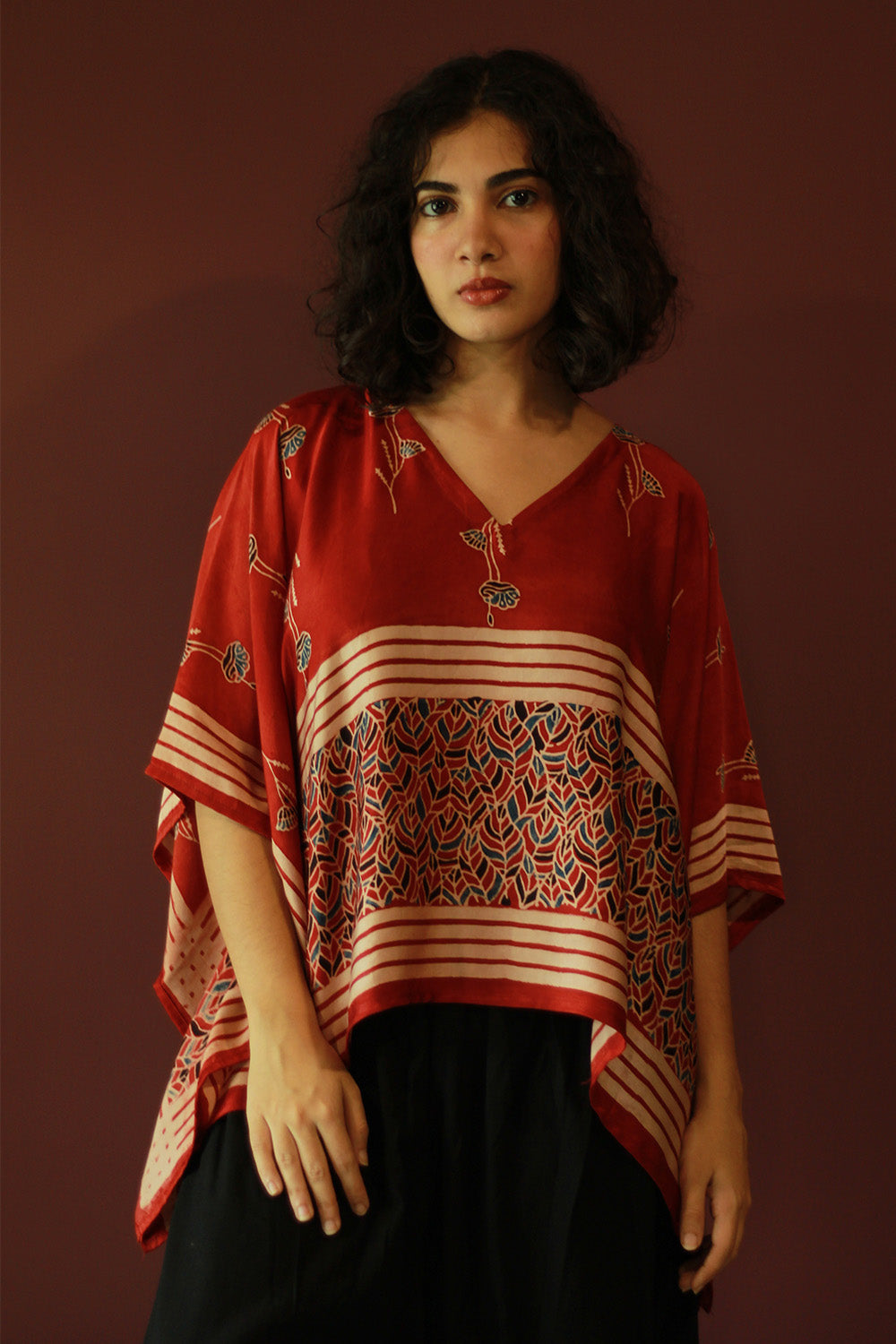 Taarini Mini | Modal Silk Kaftan Top | Madder Leaves Ajrakh