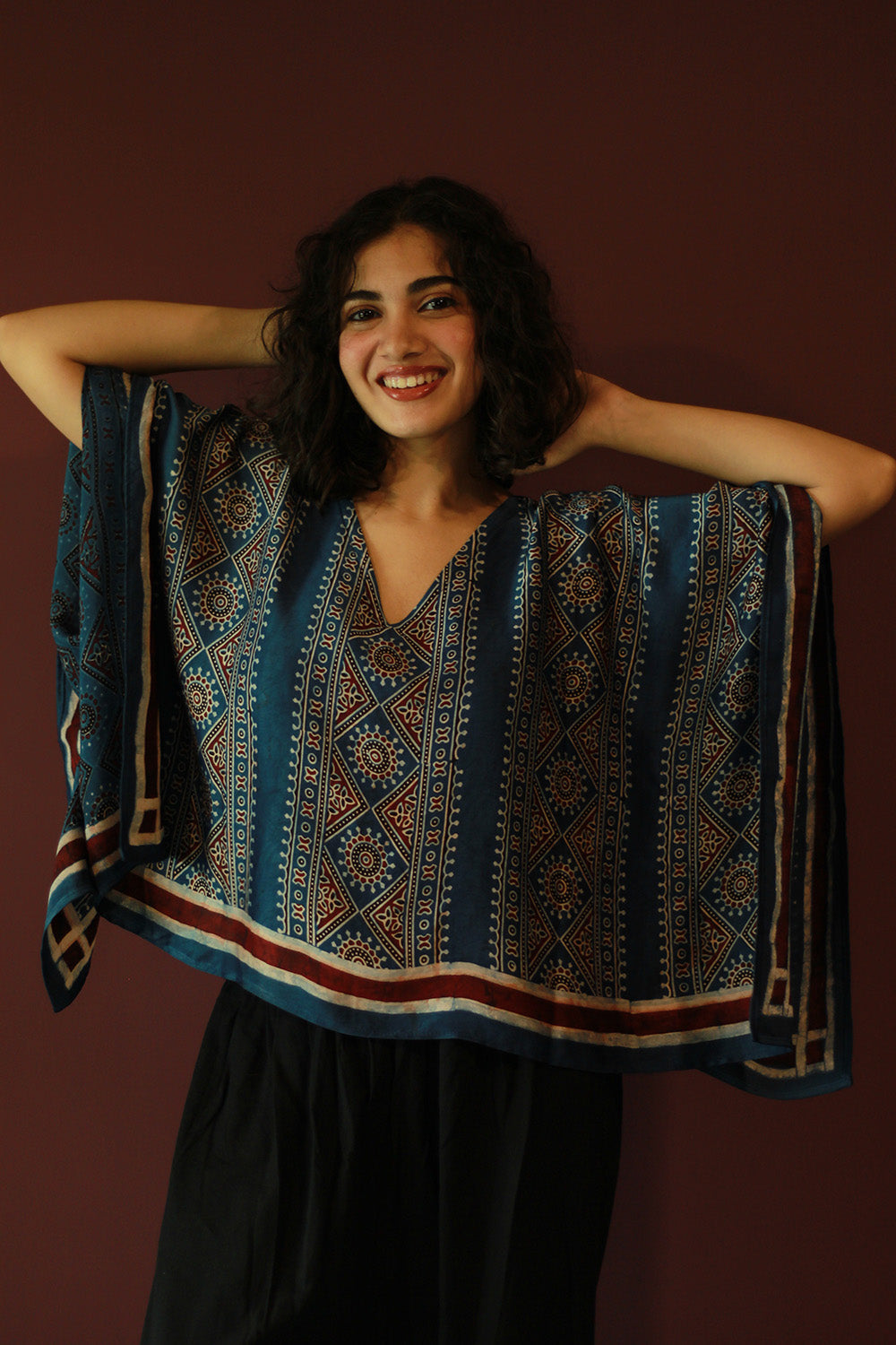 Taarini Mini | Modal Silk Kaftan Top | Blue Geometric Ajrakh