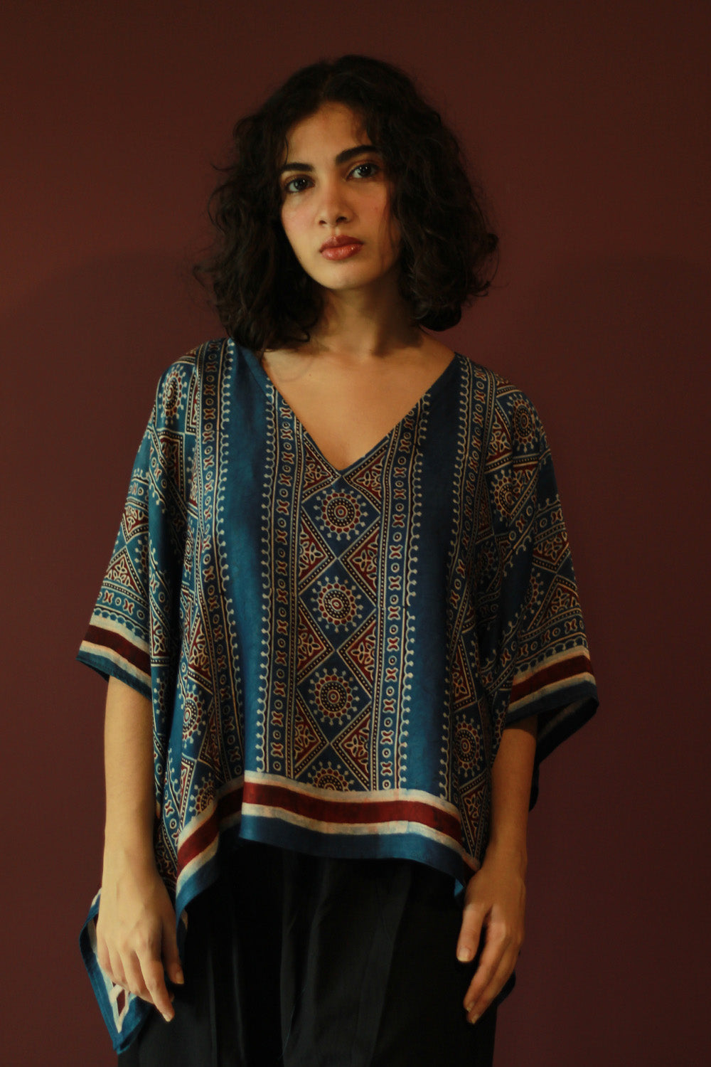 Taarini Mini | Modal Silk Kaftan Top | Blue Geometric Ajrakh