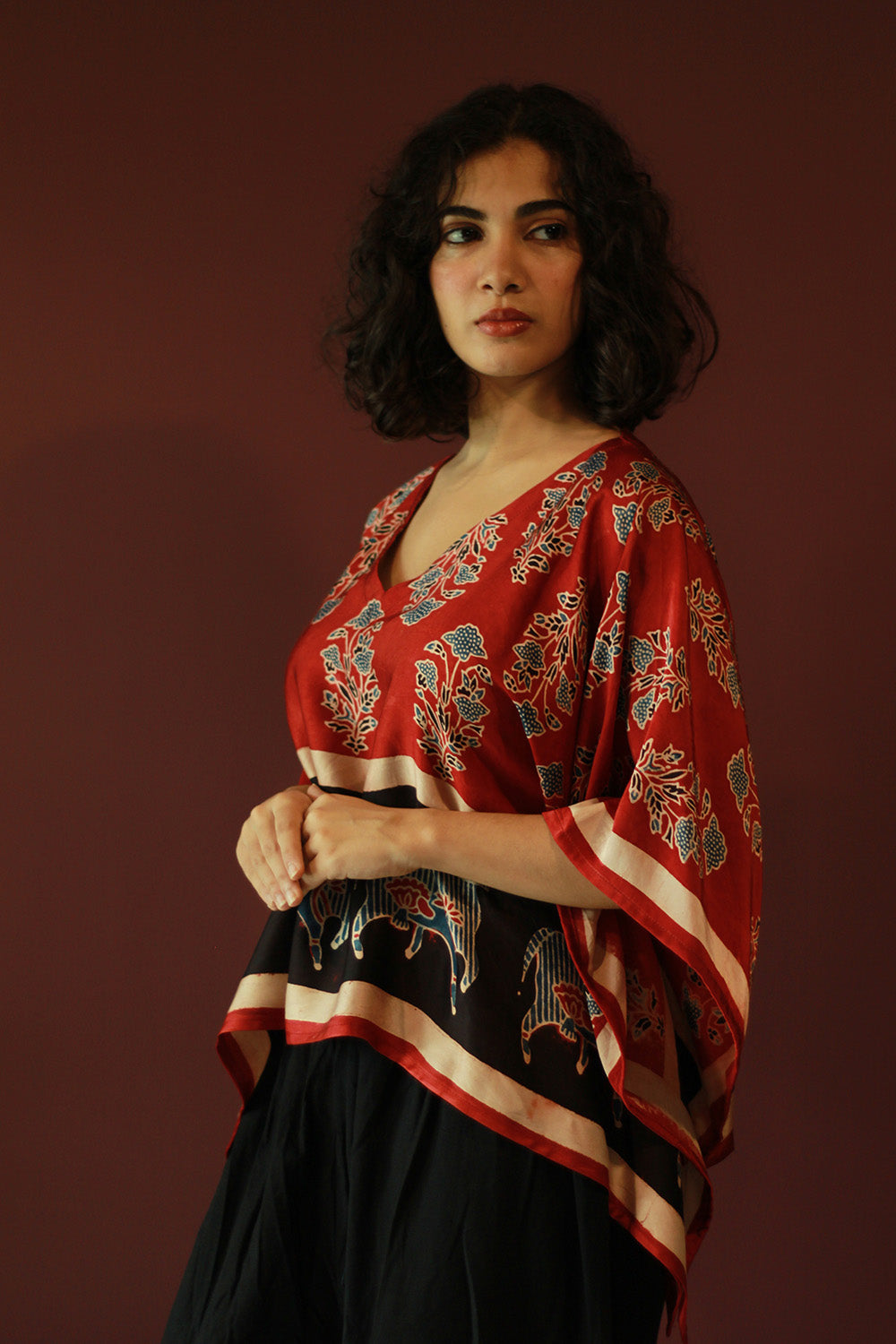 Taarini Mini | Modal Silk Kaftan Top | Madder Floral Ajrakh