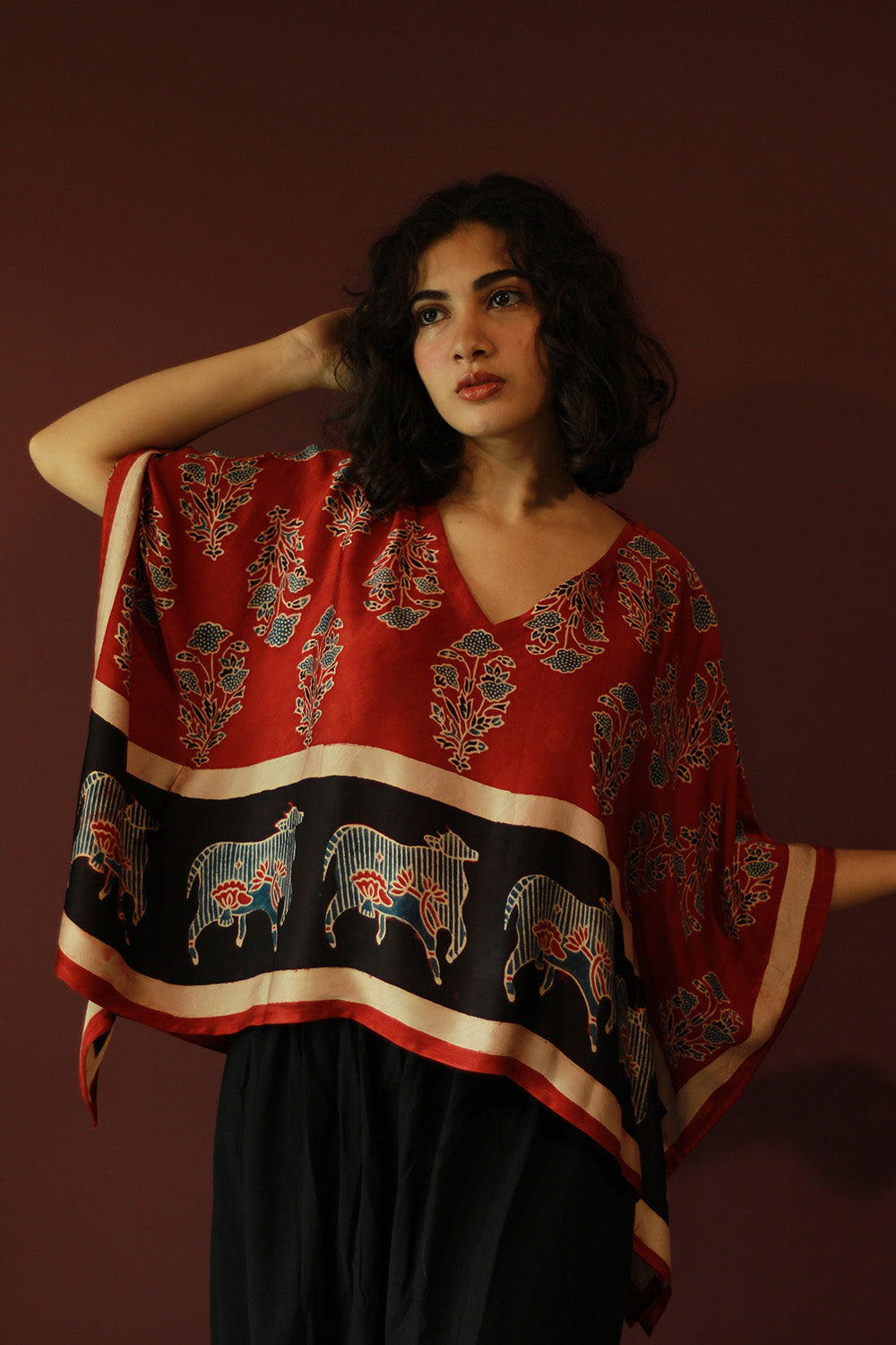 Taarini Mini | Modal Silk Kaftan Top | Madder Floral Ajrakh