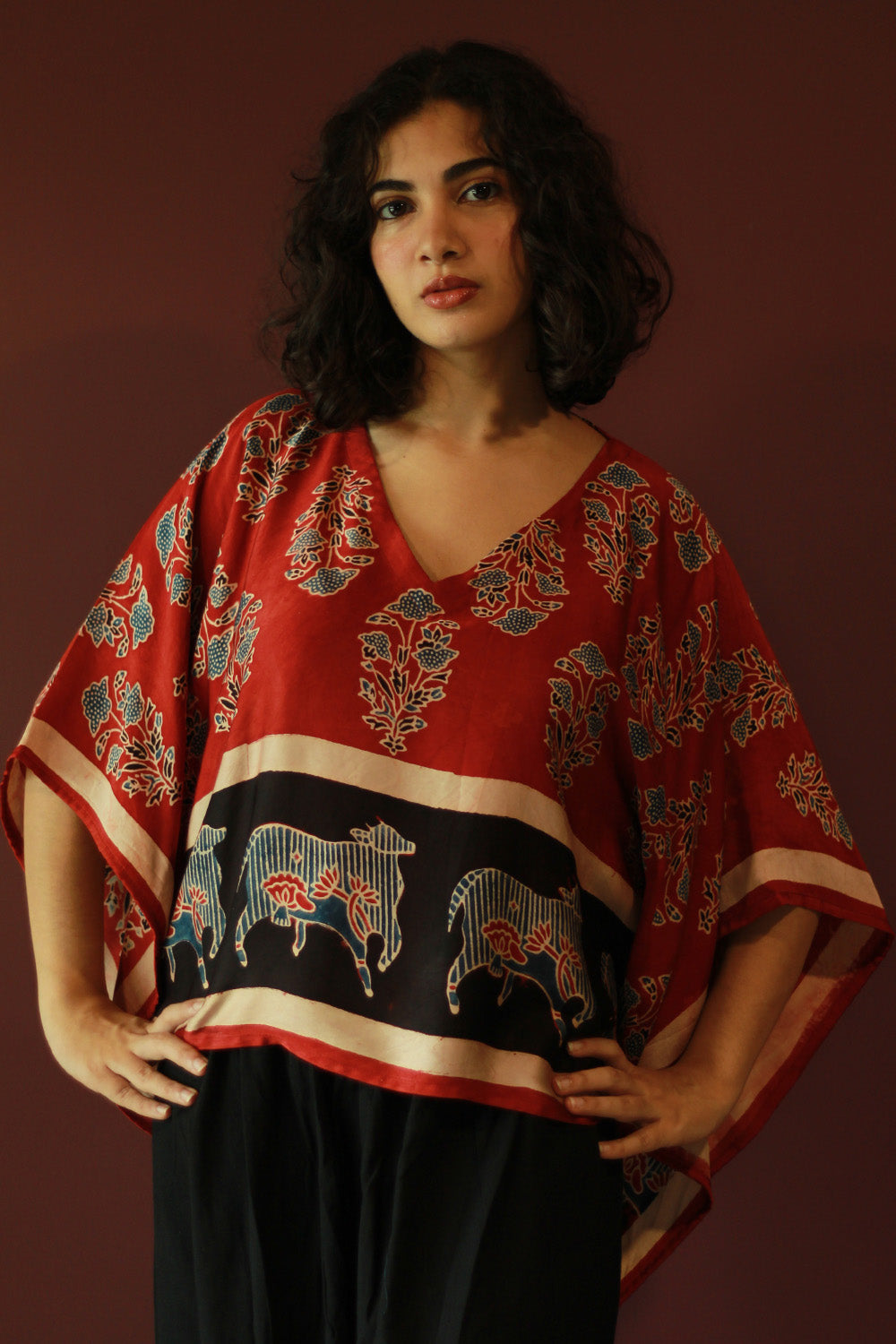 Taarini Mini | Modal Silk Kaftan Top | Madder Floral Ajrakh